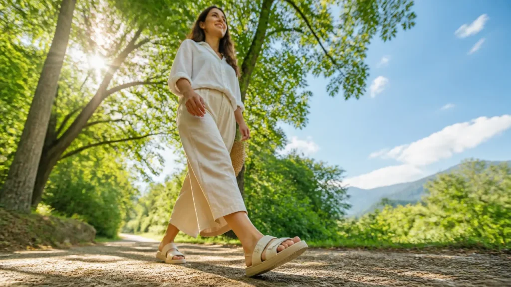 زن با صندل زنانه مناسب پاهای حساس در فضای طبیعی