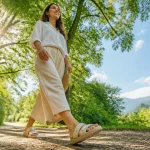 زن با صندل زنانه مناسب پاهای حساس در فضای طبیعی